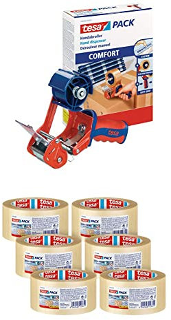 tesa Versand-Set Comfort (1x 6400 Packband Handabroller + 6x tesapack Klebeband, Transparent - 66 m x 50 mm)