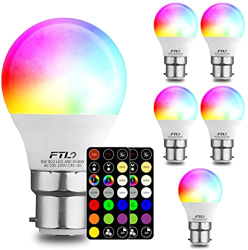 FTL RGB Colour Changing Light Bulb with Remote Control, 5W 40W Equivalent, B22 Led Bulb Dimmable, A50 Coloured Light Bulb for Home Decoration Party Mood Lighting 6-Pack
