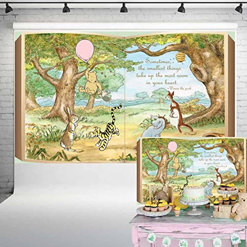 Klassischer Winnie-Bär-Hintergrund, riesiger Buch, Vintage-Puuh-Hintergrund mit rosa Ballon, Mädchen, Babyparty, Geburtstagsparty-Dekorationen, 1,5 x 0,9 m, 113 cm