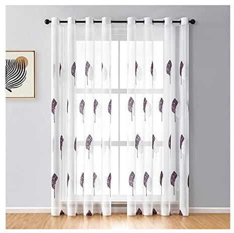 AMDXD Fenster Vorhänge Lila, Halbtransparent Vorhang Schlafzimmer Modern Blätter Gestickt mit Ösen Moderner Wohnstil Polyester Vorhang Schlafzimmer Modern Bauernhaus, 160x107cm(H x B), 2er-Set