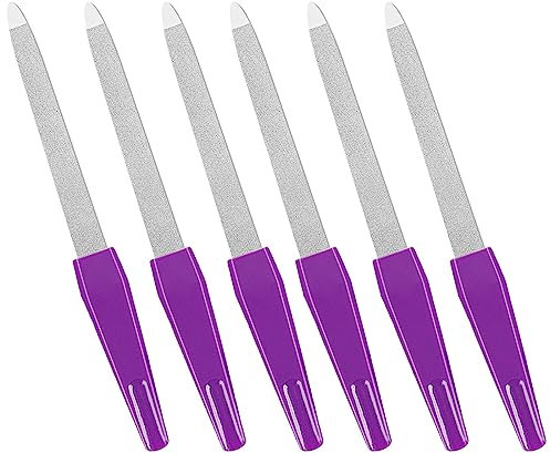 Limas de uñas para uñas naturales (6 unidades), limas de uñas de metal hechas de acero inoxidable con punta afilada, mango antideslizante, limas de uñas de doble cara, grano de zafiro, limas de uñas