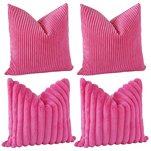 JOTOM Lot de 4 Housses de Coussins en Velours CôTelé Rayé 45x45 cm Taies d'oreiller en Fausse Fourrure pour Canapé Housse d'oreiller Décorative CarréEs pour Le Lit Décoration (45x45cm, Rose Vif)