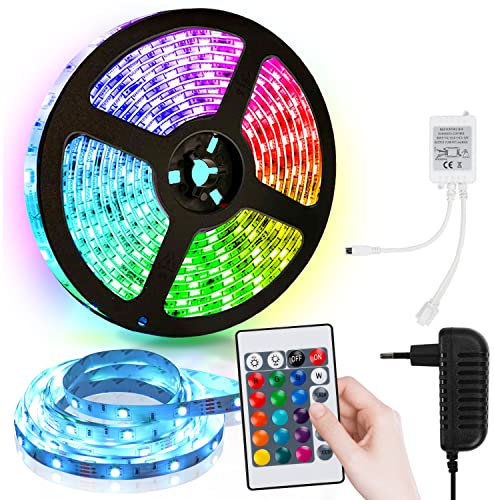 Yakimz LED Strip 1m RGB LED Streifen, Lichterkette mit Fernbedienung und Netzteil, 5050 Leds Strips mit 15 Farbwechsel und 4 Modi, Lichtband Selbstklebend, für Haus, Party, Küche
