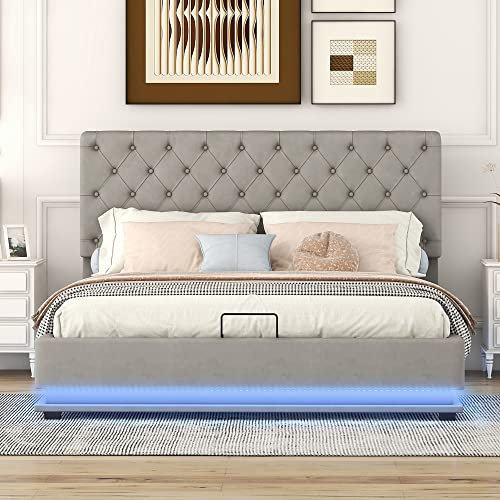 Moimhear Letto matrimoniale, letto imbottito con luci a LED, letto contenitore con pressione idraulica, testiera regolabile, 140 x 200 cm (grigio)