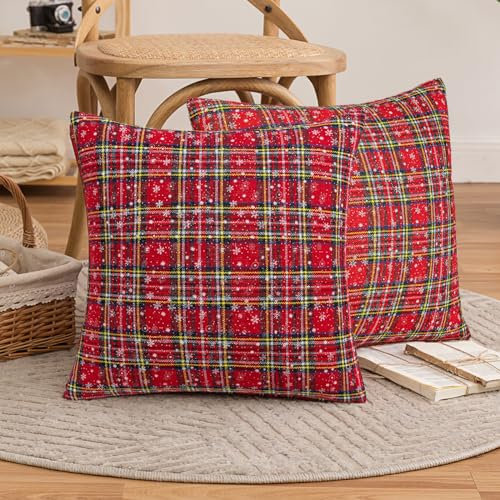 FATCAT 2er Set Schottischen Schneeflocke Dekorative Kissenbezug Kissenhülle, RotTartan-Check-Kissenbezüge, für Sofa Schlafzimmer Wohnzimmer Auto 45x45cm, Rot*2