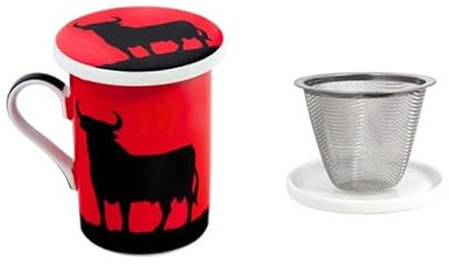 DRW Set de 4 Mugs d'infusion avec couvercle avec un taureau en rouge et noir tasse 10x7x10 cm