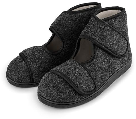 TIESTRA Pantofole Calde da Uomo, Diabetiche in Pelle di Pecora, in Feltro per Piedi Grandi, Soletta in Memory Foam, Doppio Strato con Feltro in Hook and Loop Grigio 44