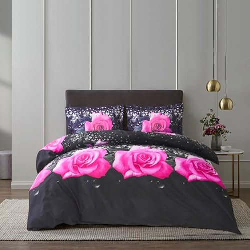 BQC 4 Pcs Duvet Cover Set 3D Printed Microfiber Quilt Cover with Extra Fitted Sheet Hypoallergenic Bedding Set with 2 Pillow Cases (Pink Rose 357, Double)