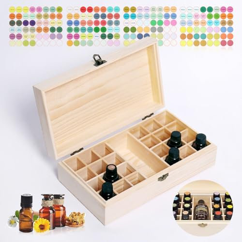 WishesMar 25 Löcher Aufbewahrungs-box Ätherische Öle aus Holz - Holzkiste Bietet Platz für 5 10 15 ml Ätherisches Öle Flaschen - Tragbar Organisator Holzbox für Duftöle Ausstellung, Lagerung