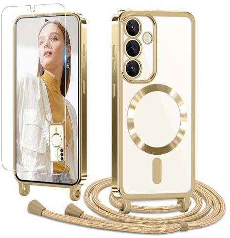 Ethanger für Samsung Galaxy S24 5G Hülle mit Band + 1 Schutzfolie, Gold | Handyband Transparent Silikon Handyhülle, Magnetische Schutzhülle Case zum Umhängen Kordel