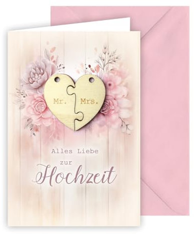 KE - Glückwunschkarte zur Hochzeit, Hochzeitskarte, Vermählung, inkl. Umschlag, DIN B6 Format, rosa, Motiv: Blumen