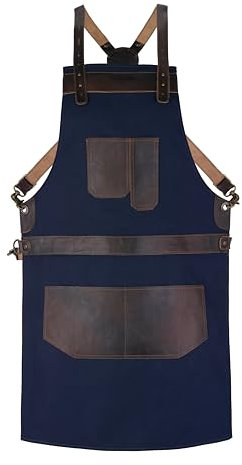 Leathershire Full Grain Leather Canvas Apron Butcher DIY BBQ Cooking Blacksmith Barber woodwork apron (Blue 1)