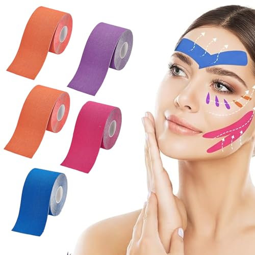 Face Tape 5 PCS Face Tape Lifting Gesicht Anti Falten Pflaster Gesichtstape Hautstraffendes Multifunktionales Gesichtsband Für Schlupfliderstreifen (Himmelblau + Rosa + Orange + Lila) 2.5cm*5m