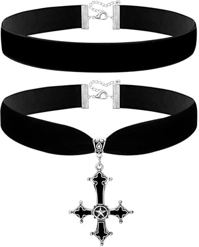 JewelryWe Velvet Choker Damen Halsband: 2 Stück Schwarz Samt Leder Choker Kette mit Umgekehrt Upside Down Kreuz Petruskreuz Anhänger Punk Gothic Kragen Halskette Satanisches Schmuck