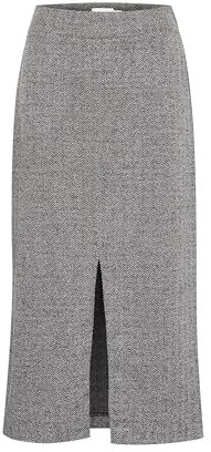 ICHI IHKATE Jacquard Damen Rock Midirock Maxirock mit Gummizug Seitenschlitz leicht elastisch Regular fit, Größe:M, Farbe:Black/White Herringbone (203523)