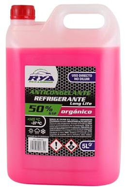 RYA - Anticongelante Coche G12 - Liquido Refrigerante Coche - Anticongelante G12 50% Orgánico +145º/ -37º - Líquido Refrigerante para Vehículos Fórmula Orgánica Long Life (Rosa 50%) - 5L