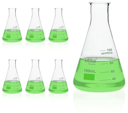 Utile Utile 6pcs 100ml Glass Erlenmeyer Flask Set, Narrow Mouth Erlenmeyer Flasks, Borosilicate 3.3 Glass Conical Flasks for Laboratory with Printed Graduation, 4016.0100.6