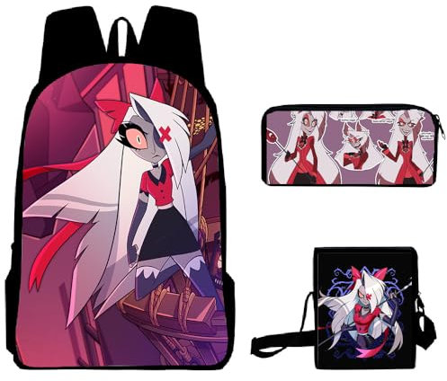 Insxuan Anime Hazbin Hotel Rucksack, 3PCS Vox/Alastor/Angel/Lucifer/Hastur/Sir Pentious/Vaggie Rucksack-Set Umhängetasche und Federtasche, Cartoon Rucksack Schultasche Buchtasche Laptop Tasche