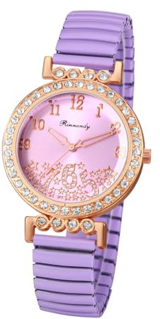 JewelryWe Damenuhr Elastisch Diamant Uhr: Glitzer Zirkonia Sterne Analog Quarz Armbanduhr Damen Violett Edelstahl Stretch-Armband Lässige Uhr mit Zugarmband & leicht ablesbarem Digitalskala