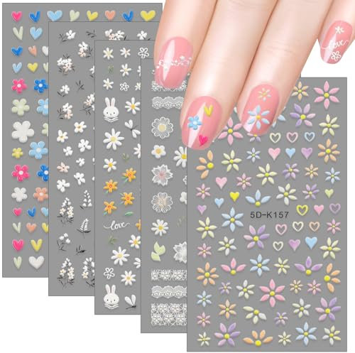 5 Blatt Nagelsticker, Stereoskopisch Blumen Nail Sticker, Nagelaufkleber Selbstklebend für DIY Nageldesign Zubehör, Nagelsticker UV Härtend für Damen