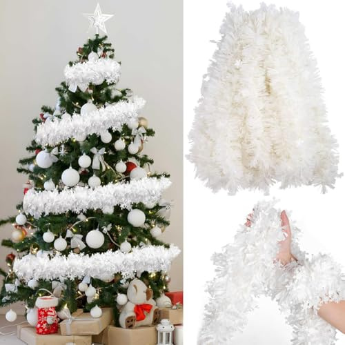 XULEGGNK Lametta Girlande Weihnachten, 5 * 2 M Weiß Schneeflocken Tannengirlande, Weihnachtsbaum Lametta Girlande, Tannengirlande Weihnachten, für Türen Kamine Treppen Wand Tür Kamin, Weiß
