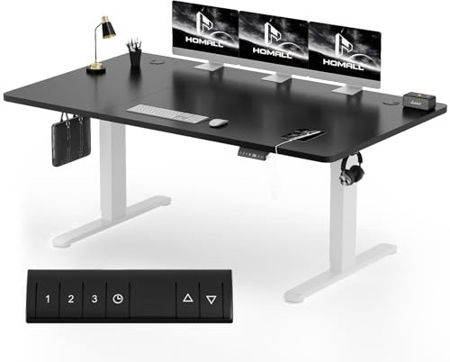 Homall Höhenverstellbarer Schreibtisch 180x80cm mit USB-A Ladeanschluss, Elektrischer Schreibtisch mit Kabel Management Tray, Standing Desk mit 3 Memory Funktion, Computertisch Weiß+Schwarz