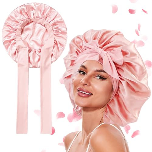 MIUUIPI Seidenhaube zum Schlafen, Silk Bonnet, Schlafhaube Seide, Satin Haarhaube, Atmungsaktiv, Verstellbare Schlafmütze Damen, Seidenhaube zum Schlafen Locken zum Schutz der Haare, Rosa