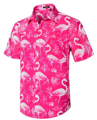 Rithern Chemise Hawaïenne Homme Manches Courtes Été Plage Vacances Chemises Flamant Casual Button Down Aloha Rose Chaud 2XL