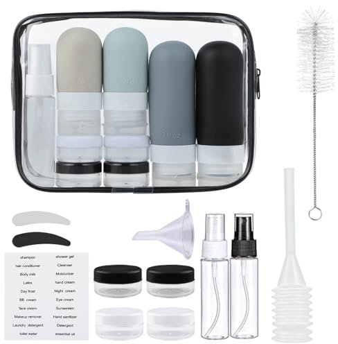 Flacon Voyage - Kit Voyage Produit Toilette - Flacons de Voyage en Silicone - Set de 17 - Rechargeables et étanches - Parfaits pour shampooing, crème, Gel Douche et Autres liquides (Noir)