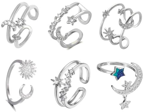 XSDSLS 6 Stück Damen Ring Set mit Stern Mond,Verstellbarer Stern Mond Ringe Offener Ring Zirkonia Fingerring Daumenring Knuckle Ring Gold Silber Schmuck Hochzeit Geschenke für Frauen Mädchen (Silber)