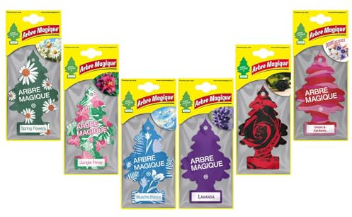 Arbre Magique Mono, Désodorisant pour Voiture, Parfum Intense et Structuré, Pack de 6 Pièces Assorties avec Jungle Fever, Musc Blanc, Rose Noire, Fleurs de Printemps, Violette et Gardenia et Lavande