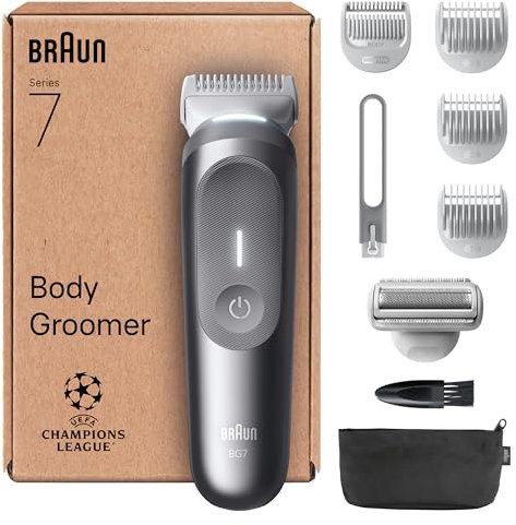 Braun Bodygroomer Series 7, +8 Zubehörteile, mit Smartlight & SkinGuard, 100 Min Akku, Sanft in empfindlichen Bereichen, Trimmen & Rasieren mit SensitiveTrim-Aufsatz, wasserdicht, BG7555, Grau