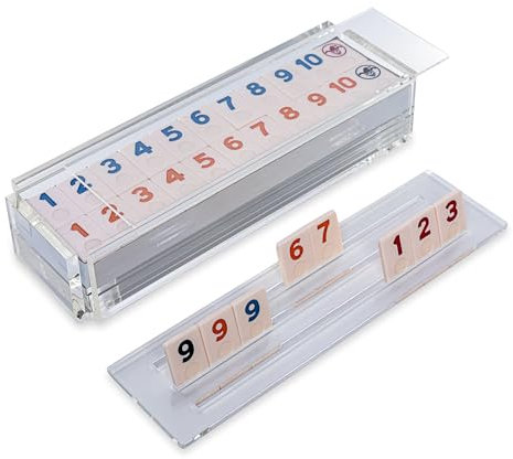 Luxury Rummy Tile Set Game in Handmade Acrylic Case with 4 Racks Included (Clear)