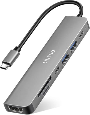 SINEHO Hub USB C 7 en 1 Multiport con HDMI 4K@30Hz, Carga PD 100W, USB 3.0, USB 2.0, Puerto de Datos USB-C y Lector de Tarjetas SD/TF – Compatible con MacBook, DELL XPS, Surface Pro y más