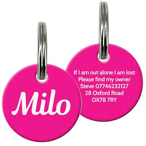 Personalised Dog Tags for Pets Engraved UK Cat Dog Name Identity Pet Tags Doggy Kitten Kitty Puppy Deep Engraved ID Stainless Steel (Circle Shape - Pink)