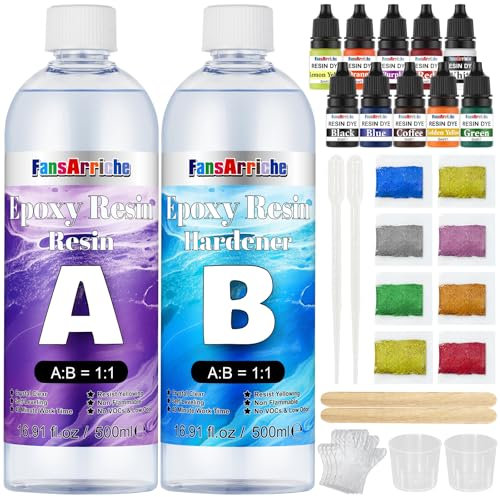 FansArriche Kit de résine époxy transparente 1000 ml avec peinture époxy, bâtonnets en bois, gants, verre doseur, pour projet artistique, fabrication de bijoux, artisanat