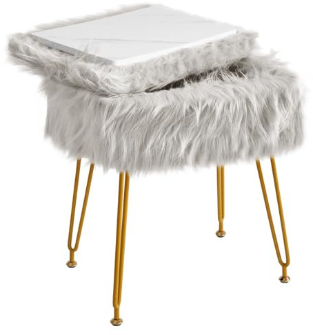 IBUYKE Rectangular Faux Fur Vanity Stool with Storage, Furry Makeup Chair Ottoman, Soft Padded Seat, Round Footrest Footstools with 4 Metal Legs, for Living Room Bedroom Entryway, Gray WBD022G