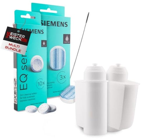 MEISTERZWECK4U Pflegeset Kaffeevollautomaten - 2x Wasserfilter, 1x Entkalkungstabletten, 1x Reinigungstabletten, Reinigungsbürste - Reinigungsset kompatibel mit Siemens, EQ Series, Supresso, Bosch