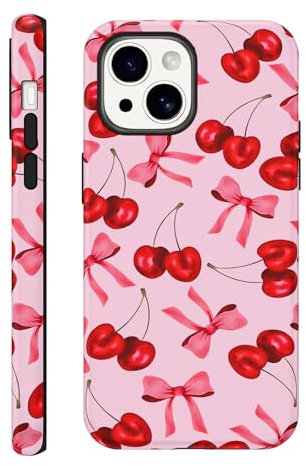 Phoona Cute Case for iPhone 14 / iPhone 13 6,1, Preppy Cherry Ribbons Bow Girly Aesthetic Dsign Pattern for Girl Women, Shockproof Slim Soft TPU and Hard PC Frosted Double Protective Cover, Pink 01