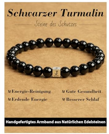 Landorilo Naturstein Heilstein Edelstein Armband, 6mm Schwarzer Turmalin mit 925 Silber Perlen, Damen Herren Buchstaben Armbänder, Valentinstag, Weihnachten, Geburtstag Geschenke. Fakultativ A-Z.J