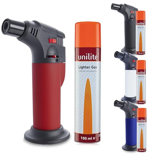 UNILITE Feuerzeug MIT Gas – Sturmfeuerzeug Gas Brenner mit Jet Flamme – nachfüllbar – 100 ml Nachfüllgas im Set – Jetflame – Nachfüller – Elektronik Feuerzeug – In 4 Farben erhältlich (Rot)