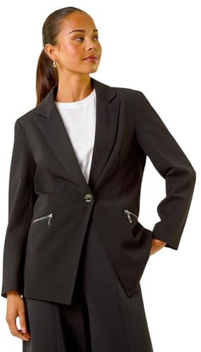 Roman Petite Zip Pocket Stretch Blazer for Women UK - Ladies Everyday Holiday Spring Summer Revered Collar Comfy Soft Evening Vacation Work Party - Petite Black - Size 18