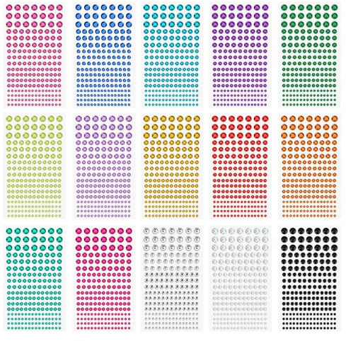 Pack of 2955 Self Adhesive Rhinestones, 15 Sheets Multi-Color Stick on Gems | 3mm 4mm 5mm 6mm Crystal Gem Stickers for Crafts, Face Gems, DIY Bling Diamond Sticky Gems for Face Nail Makeup Festival