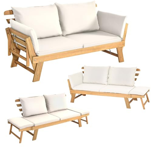 Kits de jardín elevado para patio, sofá cama, diván de madera de acacia con reposabrazos ajustable, almohadas de cojín para exteriores, sofá biplaza, muebles para patio, jardín, piscina