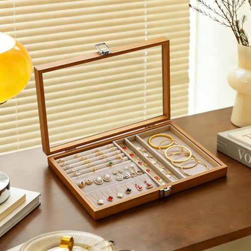 VirtuGro Schmuckkästchen Massivholz mit Glas Transparenter Glasdeckel | Schmuckaufbewahrung Jewelry Organizer Schmuck Organizer Box mit Samt Tablett Vintage Geschenke für Ohrringe Halsketten Ringe