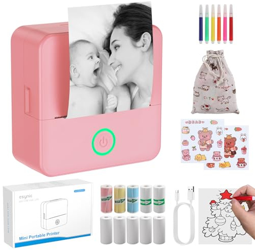 eSynic Mini Imprimante Thermique Impression en Noir Blanc sans Encre Toner avec Étiquette Adhésive Couleur Sac de Rangement Mini Imprimante Portable Bluetooth Compatible avec Android et IOS -Rose Pâle