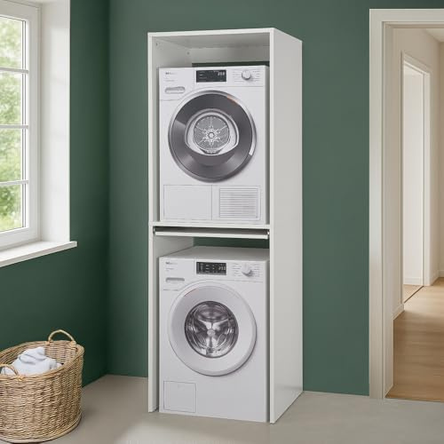 Set 2 Pezzi Colonna Lavasciuga (Lavatrice + Asciugatrice) Linea Pilar Mobile Sovrapponibile 70 Cm In Legno Bianco Con Ripiano Scorrevole Salvaspazio