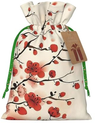 Japanese Spring Plum Floral Printed Christmas Drawstring Bags with Green Christmas Ribbon - Reusable Burlap Drawstring Gift Pouches, M