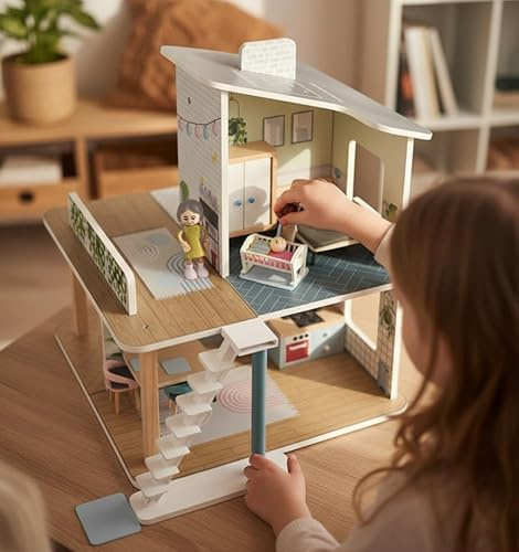Puppenhaus aus Holz 41 teilig, rundum bespielbar, mit Spielfiguren Möbel Treppe, Villa, Spielzeug für Kinder ab 3 Jahre
