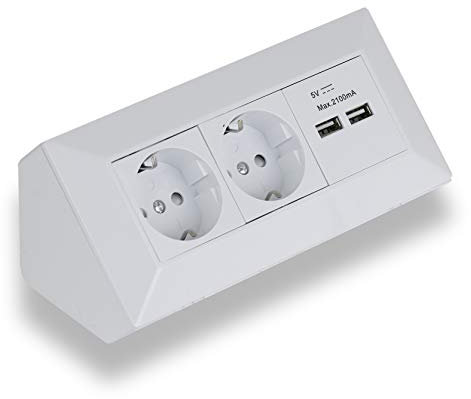 Regleta de Esquina para Montaje en Pared, 2 enchufes Schuko, 2 Puertos USB para Cocina, Oficina, Taller, regleta Ideal para la encimera de la Cocina,